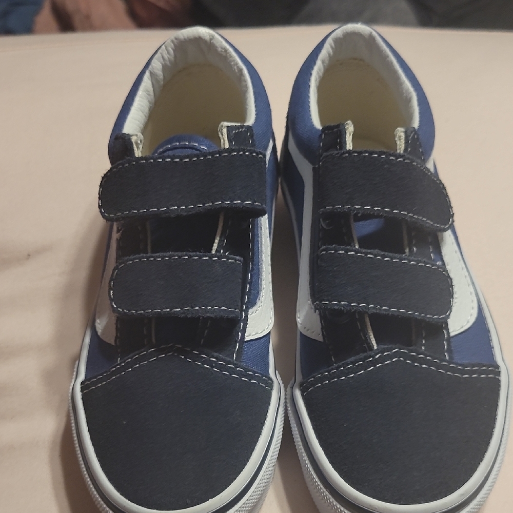 Kids Navy and White Velcro Vans Sneakers Size 12C